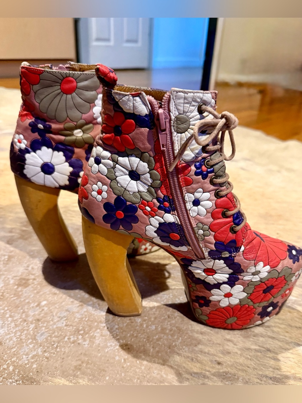 VTG Jeffrey Campbell lela Floral Wooden Platform Boots Retro 70s Rare 7M - Picture 2 of 10